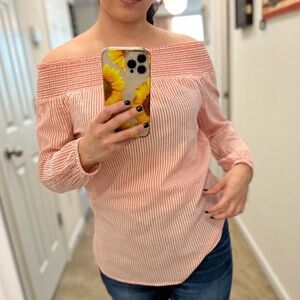 Michael Kors White and Peach Pinstriped Long Sleeve Blouse |Size Medium